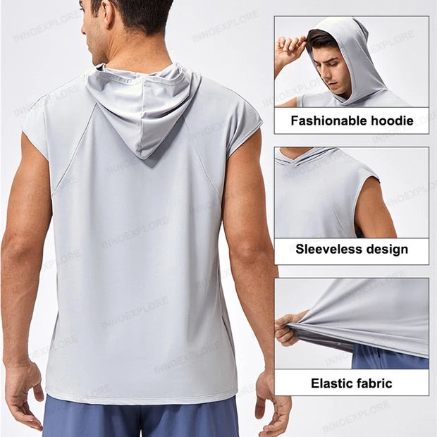 Men T Shirt Stretch Sleeveless Sports Hoodie Loose Fit Basketball Top