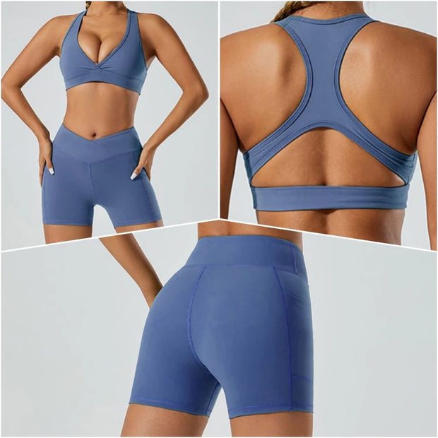 Women Yoga Set Sports Bra Seamless High Waist Gym Shorts Nylon Stretch