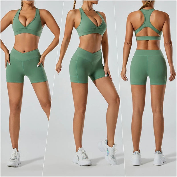 Women Yoga Set Sports Bra Seamless High Waist Gym Shorts Nylon Stretch