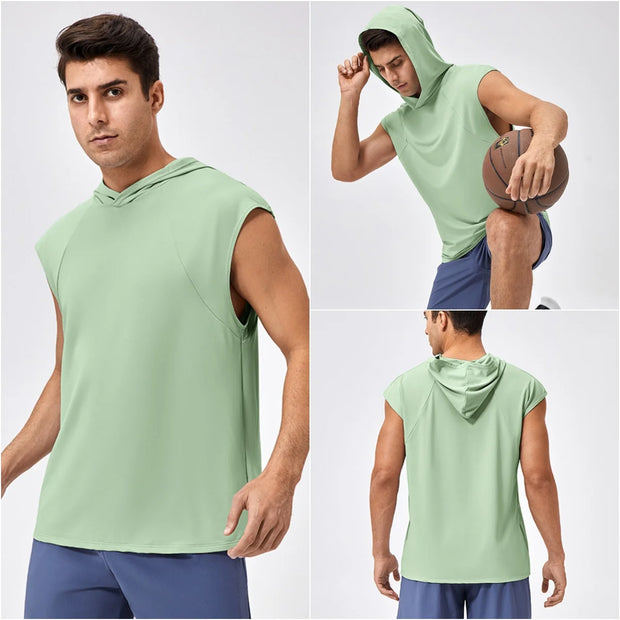 Men T Shirt Stretch Sleeveless Sports Hoodie Loose Fit Basketball Top