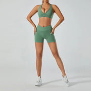 Women Yoga Set Sports Bra Seamless High Waist Gym Shorts Nylon Stretch