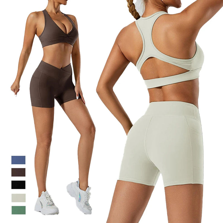Women Yoga Set Sports Bra Seamless High Waist Gym Shorts Nylon Stretch
