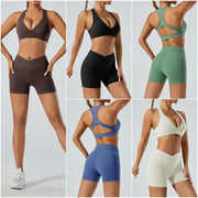 Women Yoga Set Sports Bra Seamless High Waist Gym Shorts Nylon Stretch