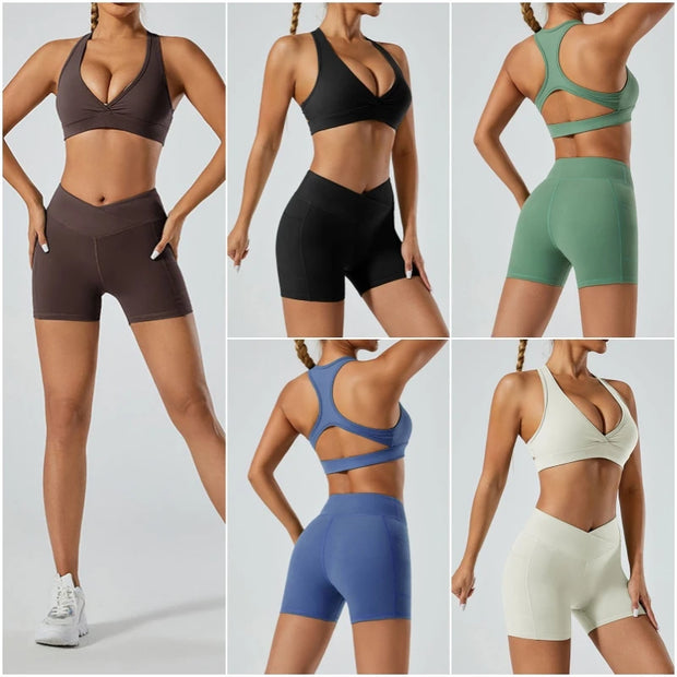 Women Yoga Set Sports Bra Seamless High Waist Gym Shorts Nylon Stretch